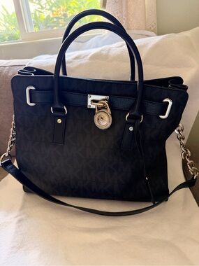 Michael Kors Hamilton Black Signature Satchel Tote Crossbody — Silver Hardware